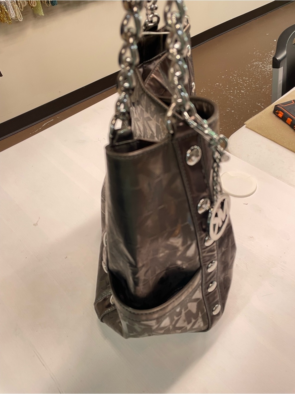 Michael Kors Metallic MK Logo Patent Tote Shoulder Bag Silver Bronze Glam - Picture 6 of 6
